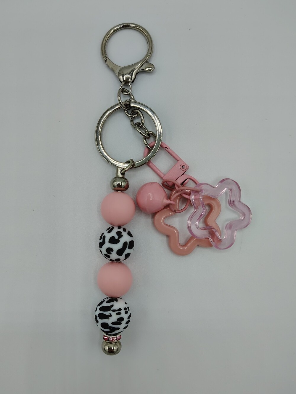 Handcrafted Pink Cow Print Beaded Keychain / Bag Charm